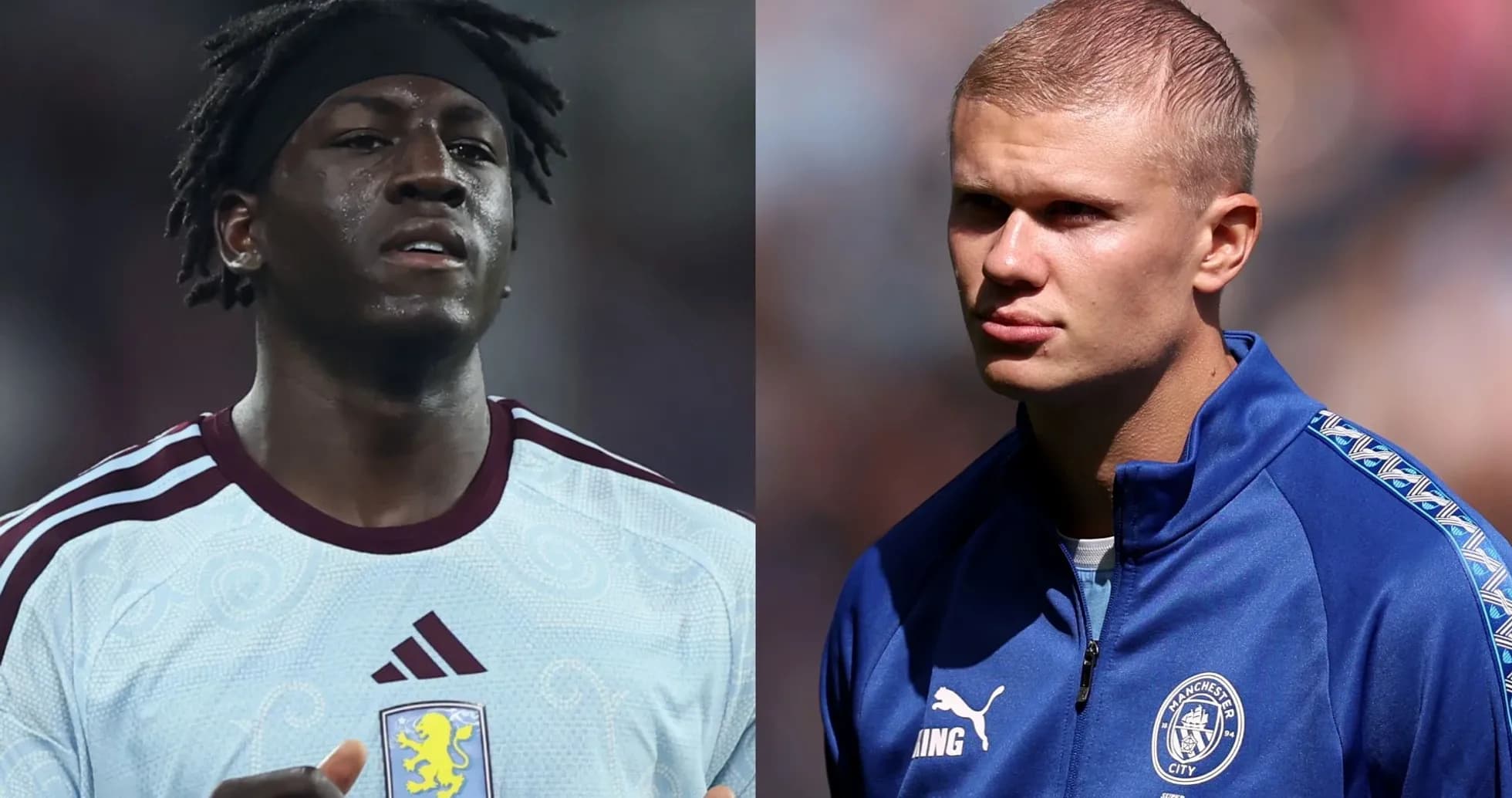 Deux joueurs en tenue de match, Aston Villa et Manchester City