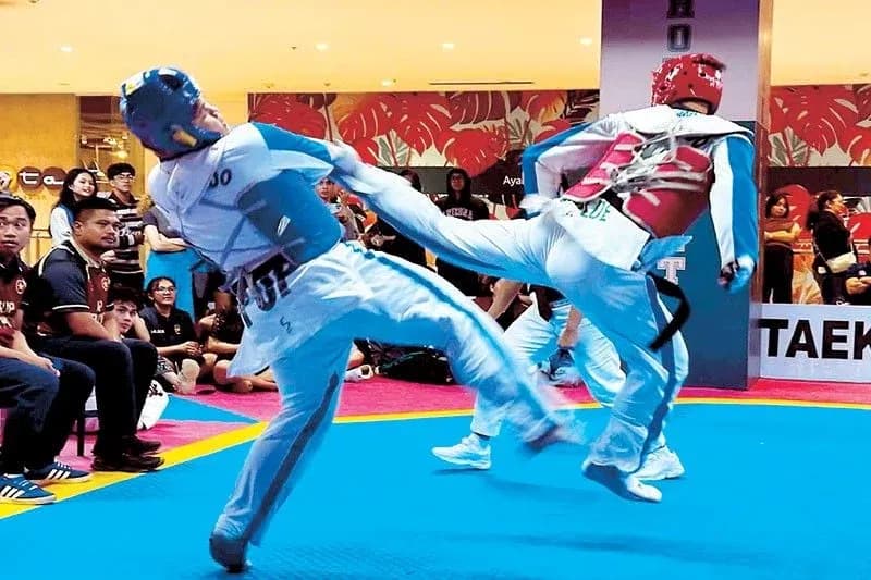 Deux combattants de taekwondo en action sur le tatami