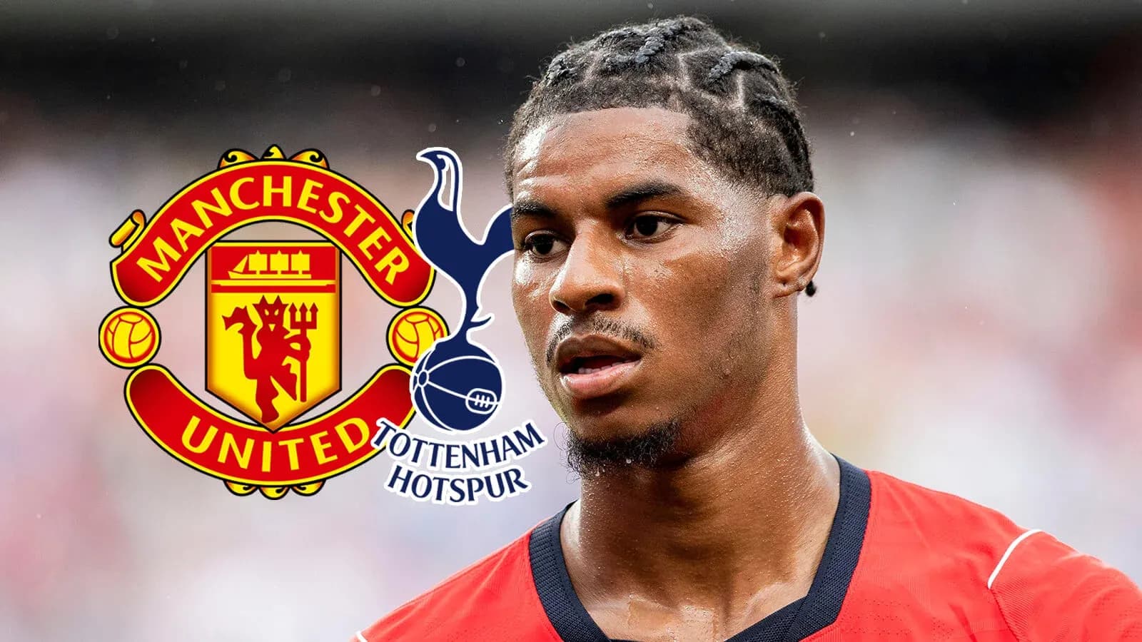 Joueur de Manchester United avec logos des clubs en arrière-plan