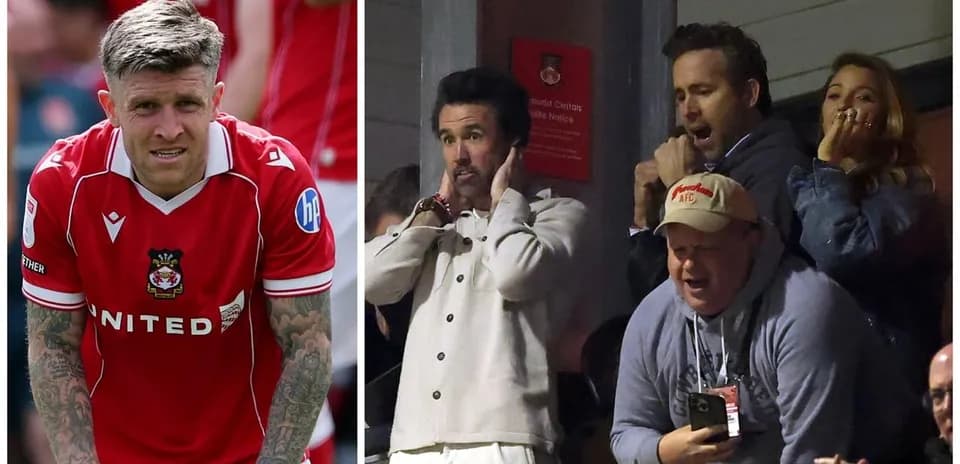 Joueur de Wrexham et spectateurs réagissant au match