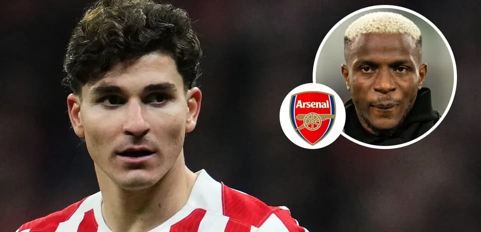 Joueur avec maillot rayé, logo Arsenal en arrière-plan