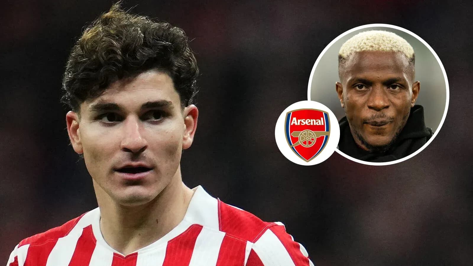 Joueur avec maillot rayé, logo Arsenal en arrière-plan