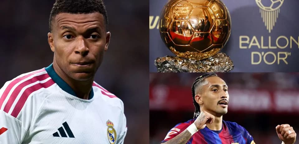Kylian Mbappé and player celebrating with Ballon d'Or