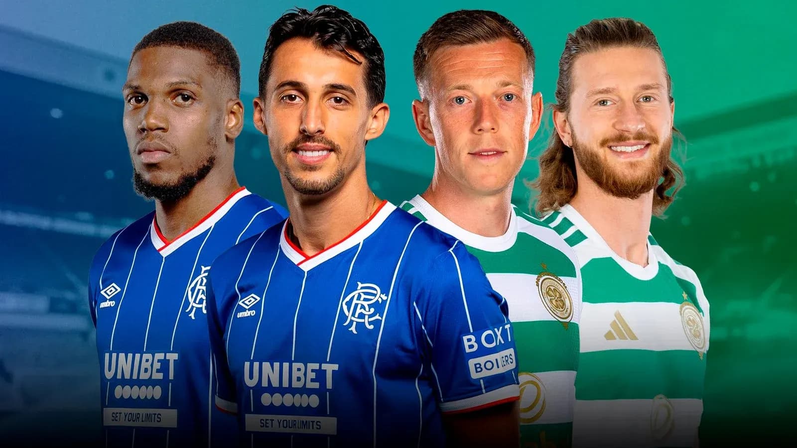 Quatre joueurs de football en maillots de clubs écossais