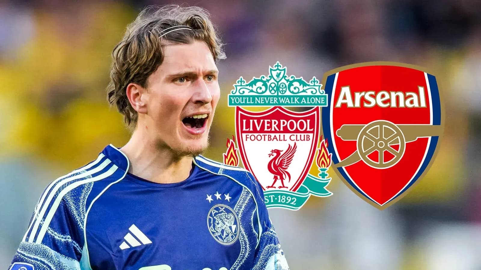 Joueur célébrant avec logos de Liverpool et Arsenal
