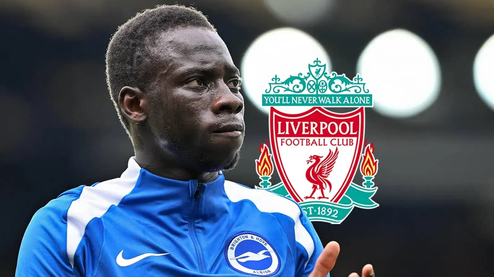 Joueur de Brighton avec logo de Liverpool en arrière-plan