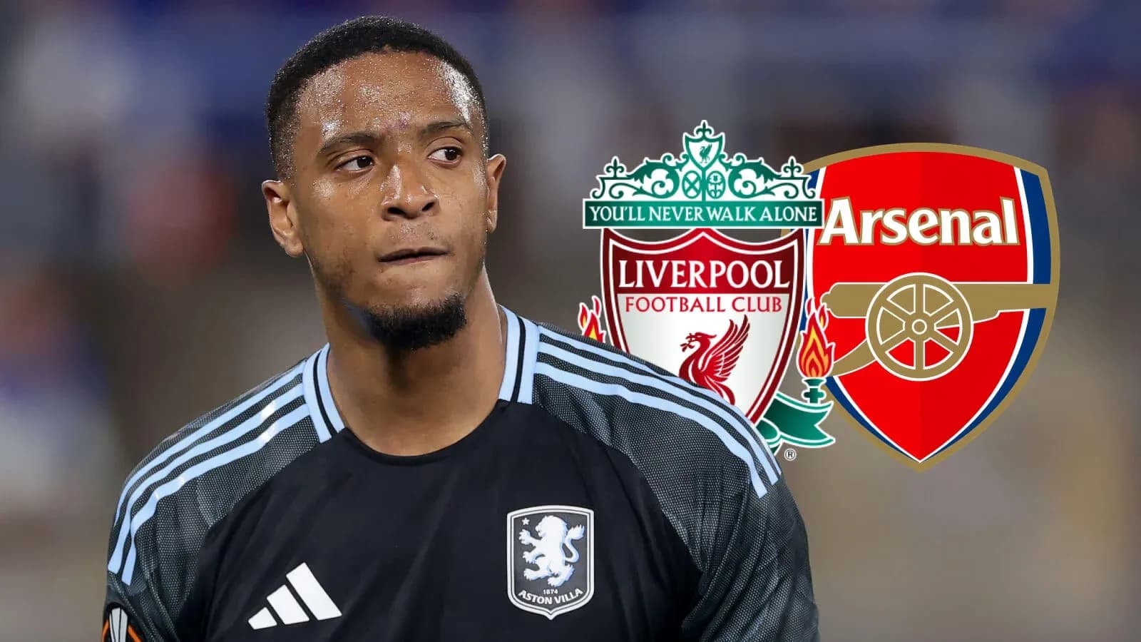 Gardien de but d'Aston Villa avec logos de Liverpool et Arsenal