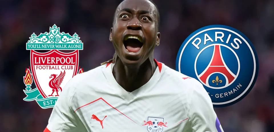 Joueur célébrant avec logos de Liverpool et PSG en arrière-plan