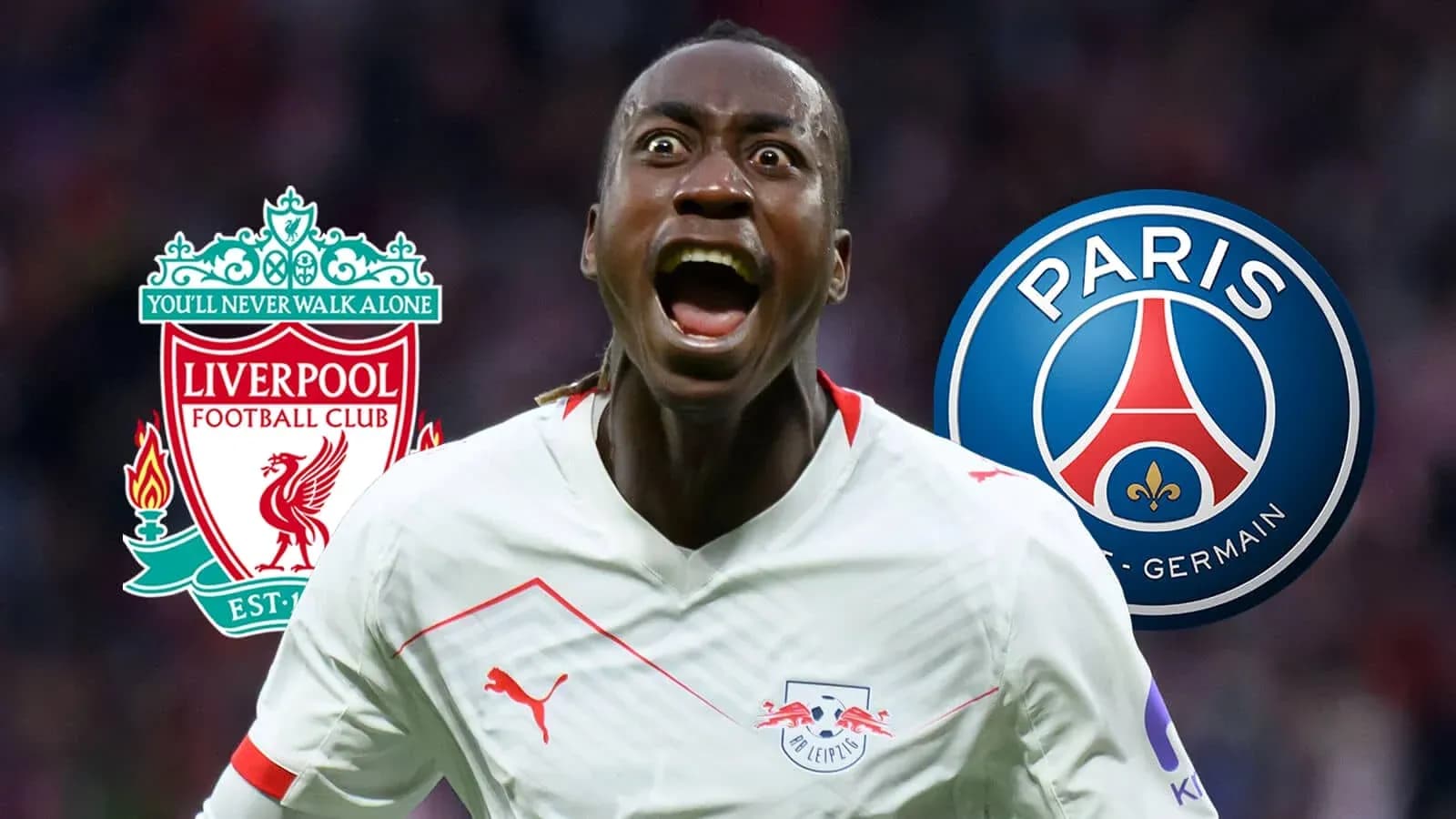 Joueur célébrant avec logos de Liverpool et PSG en arrière-plan