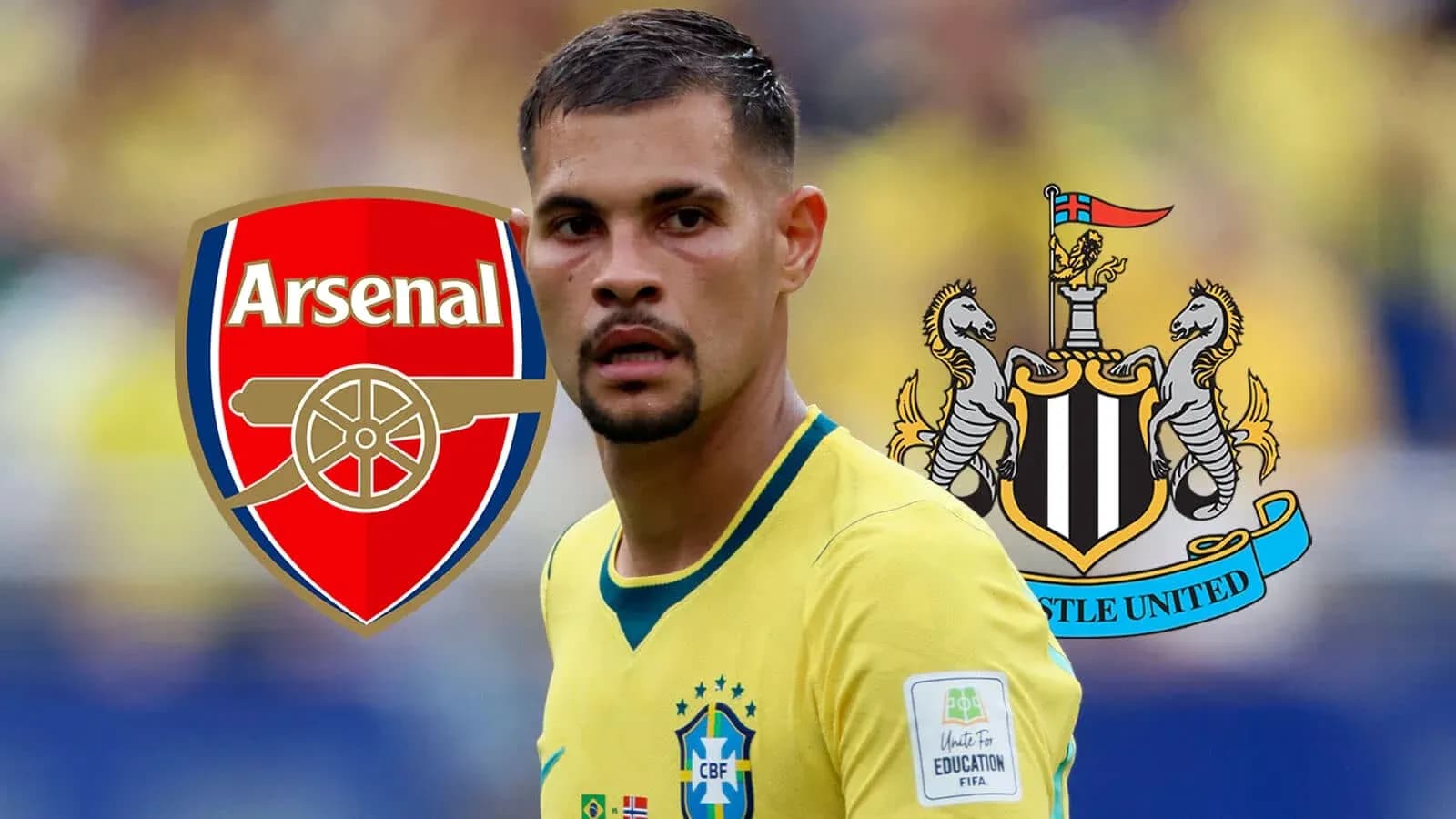 Joueur brésilien avec logos d'Arsenal et Newcastle
