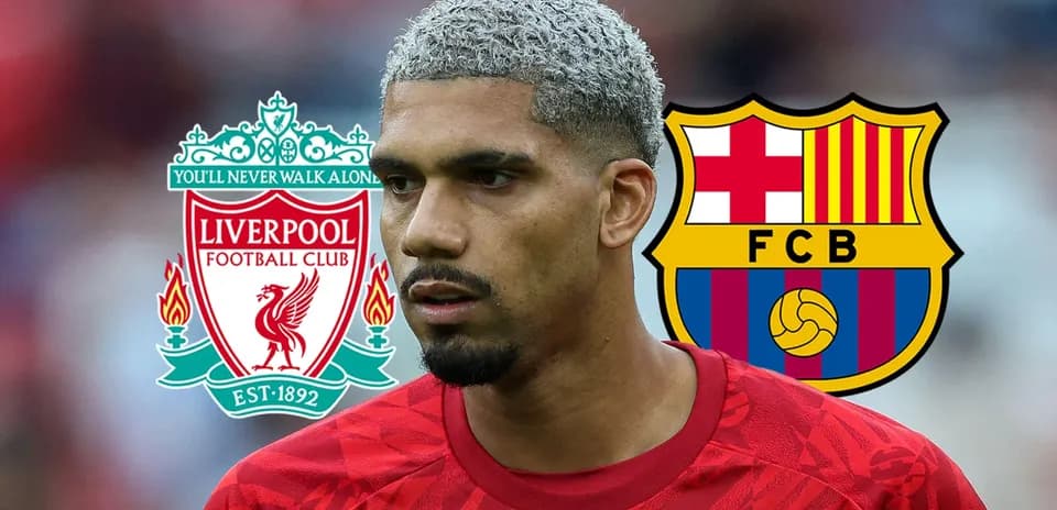 Joueur avec logos de Liverpool et Barcelone en arrière-plan
