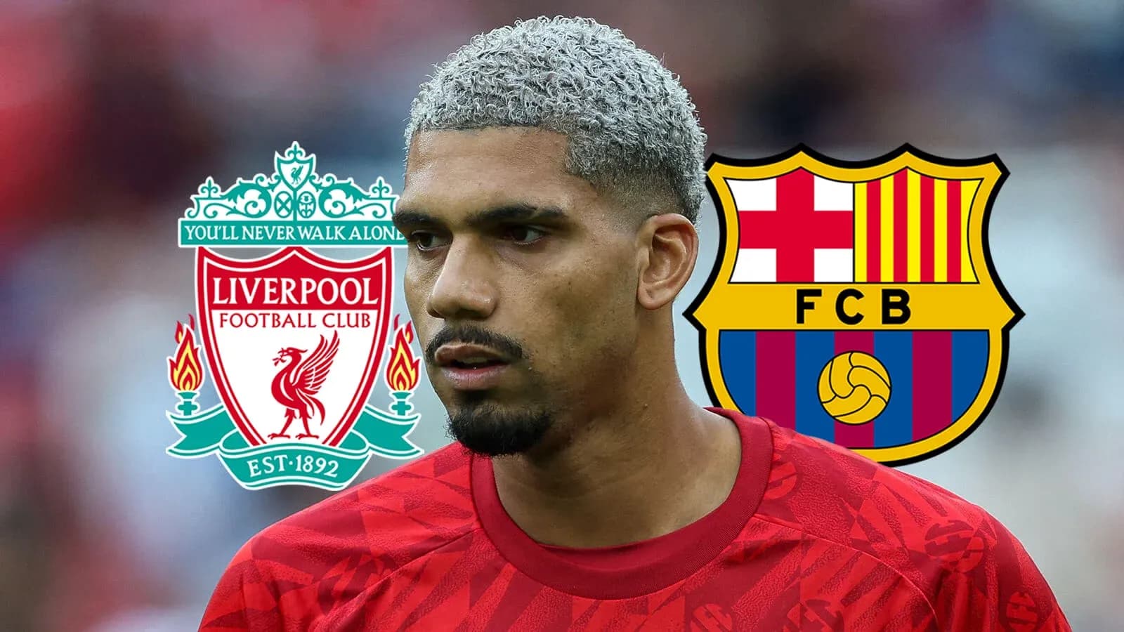 Joueur avec logos de Liverpool et Barcelone en arrière-plan