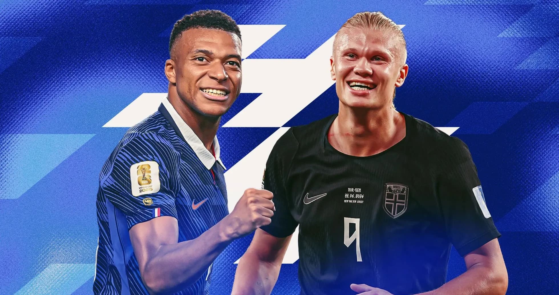 Kylian Mbappé et Erling Haaland souriant en maillots
