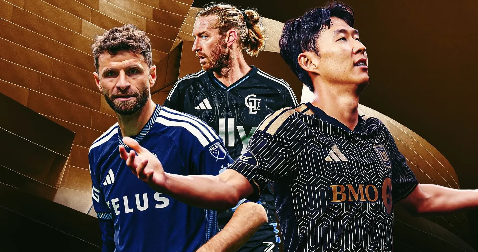 Trois joueurs de football en maillots d'équipe Trois joueurs de football en maillots d'équipe