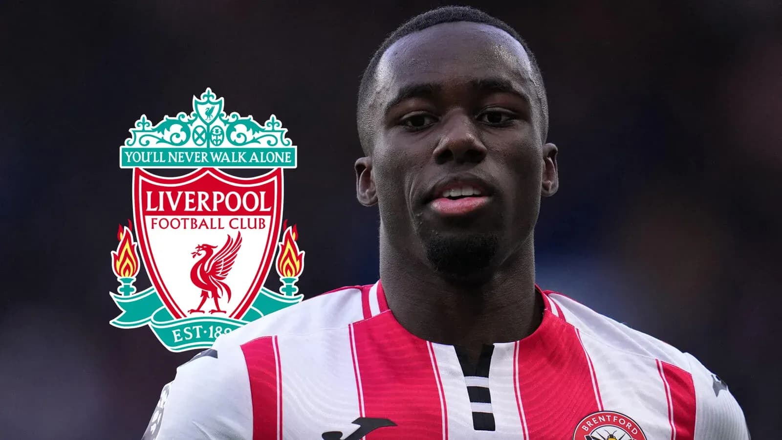 Joueur de Brentford avec logo de Liverpool en arrière-plan Joueur de Brentford avec logo de Liverpool en arrière-plan
