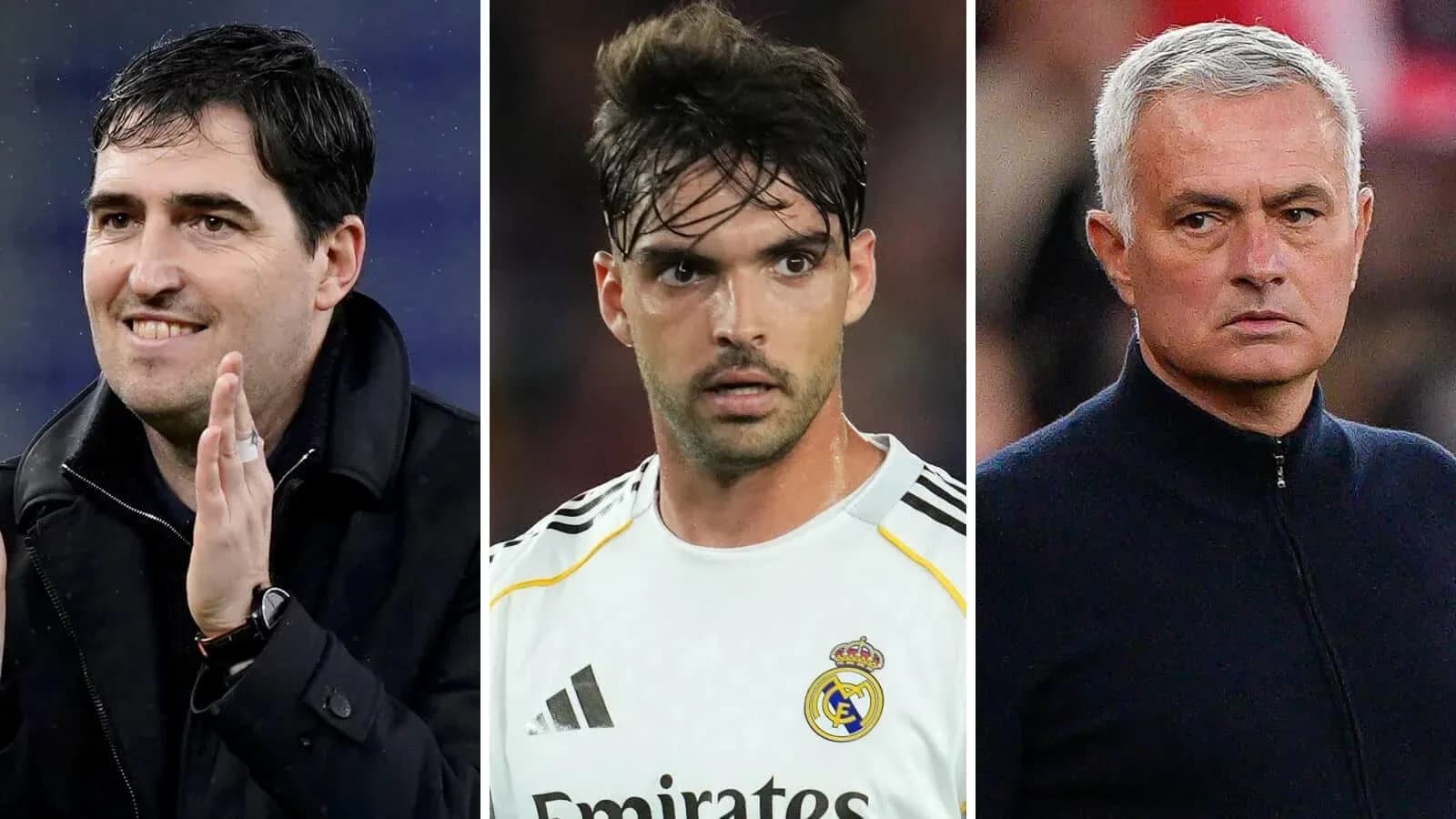 Trois hommes, deux entraîneurs et un joueur de football Trois hommes, deux entraîneurs et un joueur de football