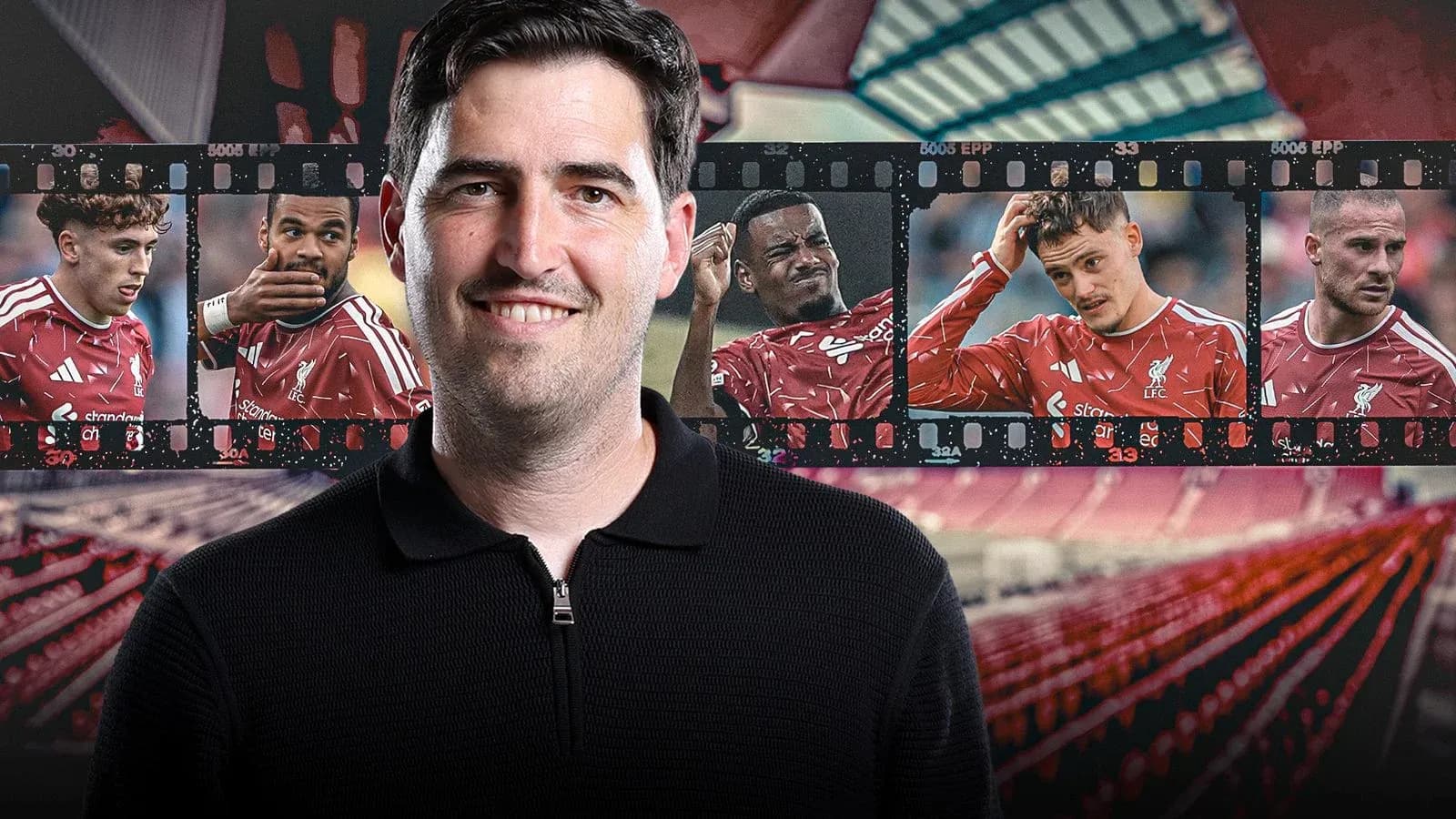 Entraîneur avec photos de joueurs de Liverpool en arrière-plan Entraîneur avec photos de joueurs de Liverpool en arrière-plan