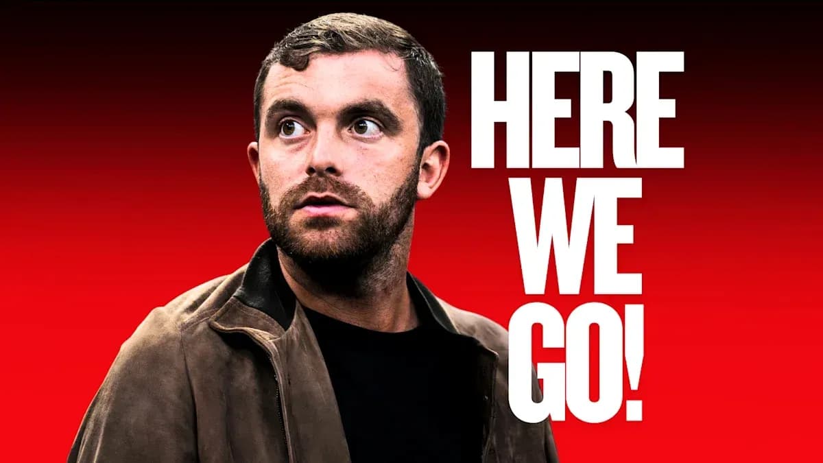 Homme regardant avec le texte 'HERE WE GO!' Homme regardant avec le texte 'HERE WE GO!'