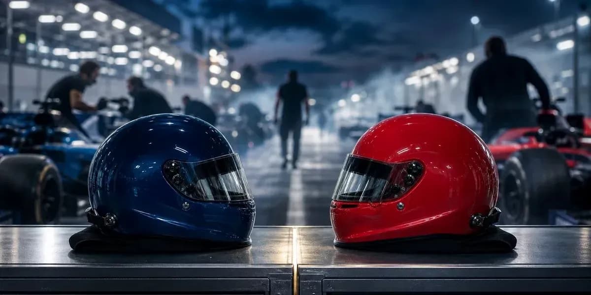 Casques de course bleu et rouge sur un stand Casques de course bleu et rouge sur un stand