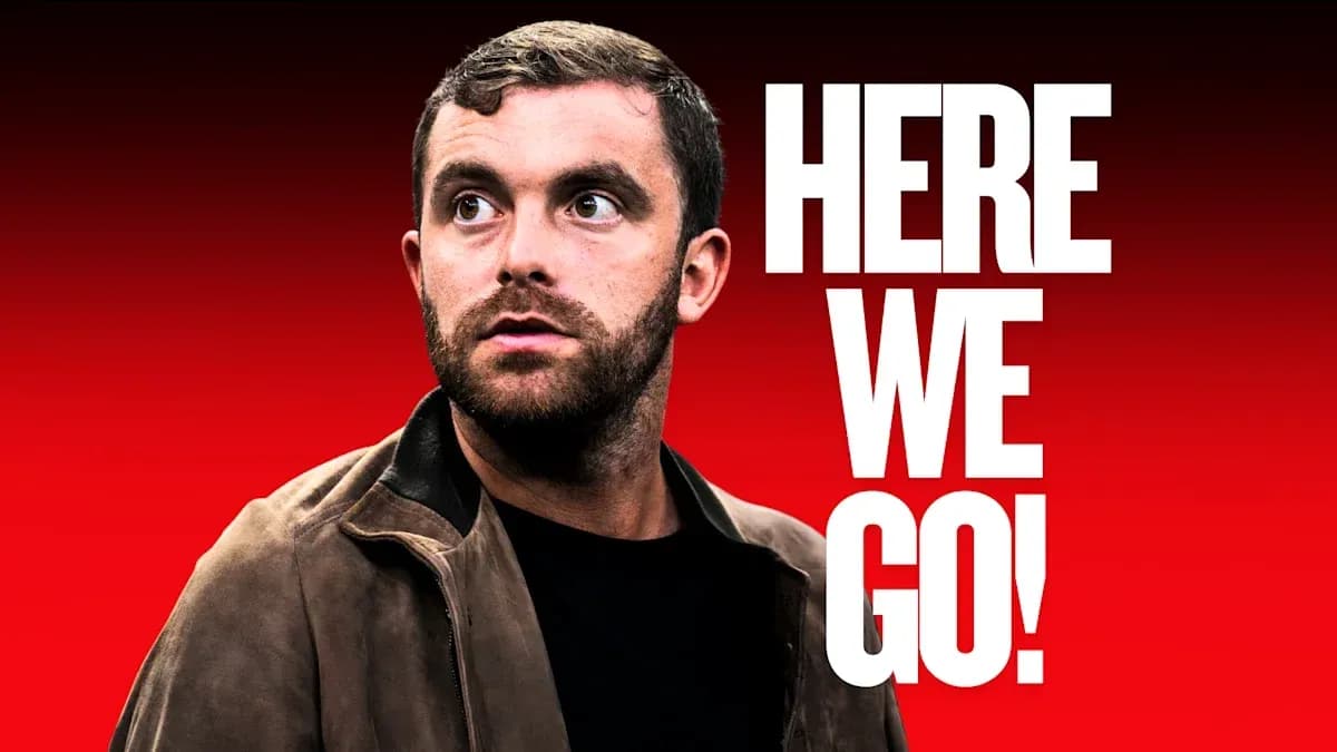Person looking upwards with text 'HERE WE GO!' Person looking upwards with text 'HERE WE GO!'