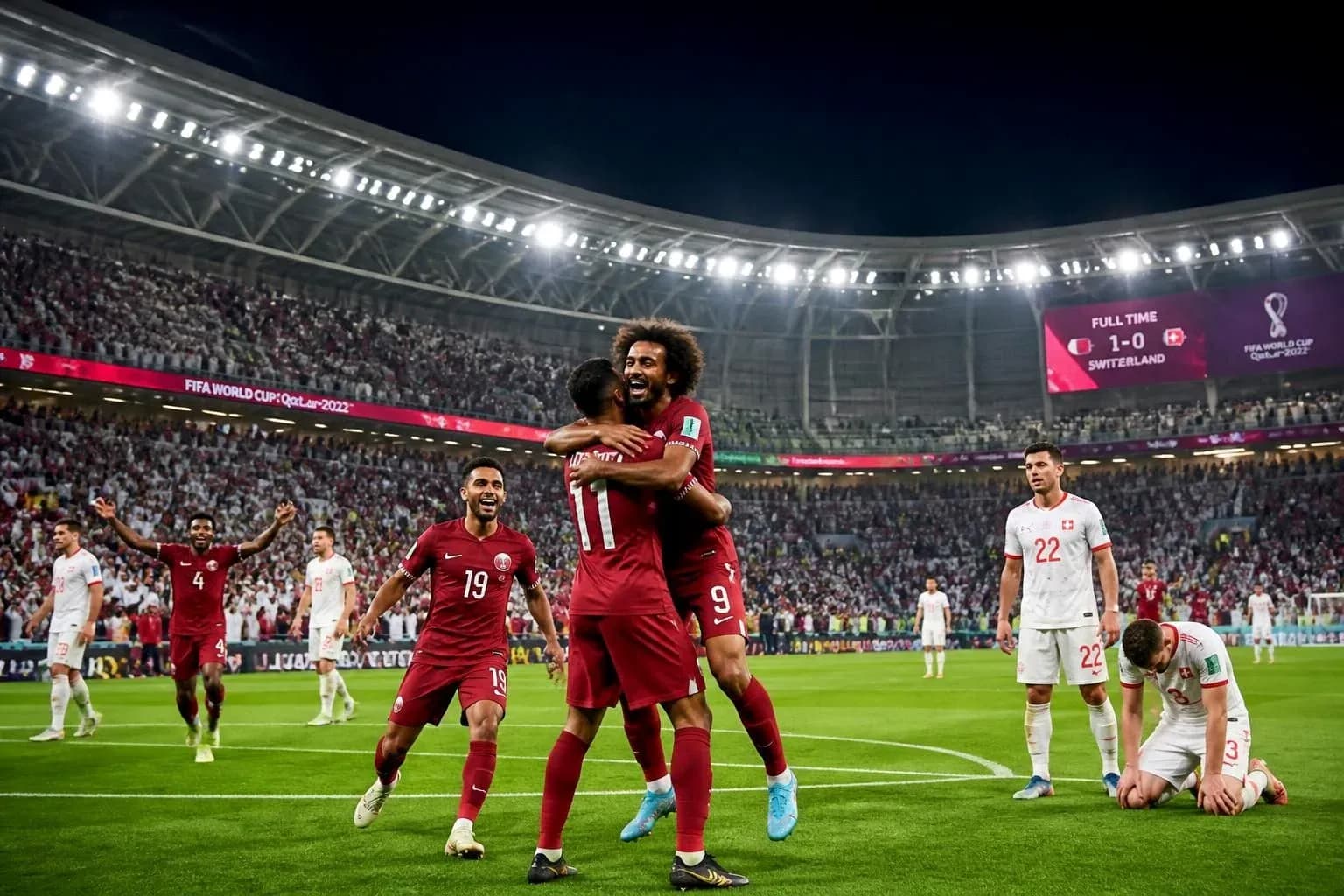 Joueurs du Qatar célèbrent leur victoire contre la Suisse Joueurs du Qatar célèbrent leur victoire contre la Suisse