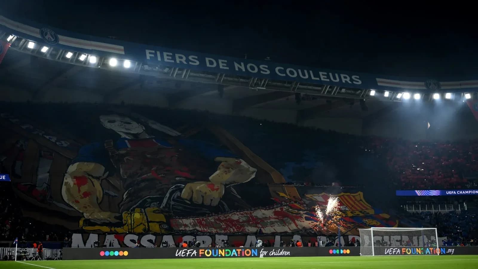 Tifo display with large graphic at stadium Tifo display with large graphic at stadium