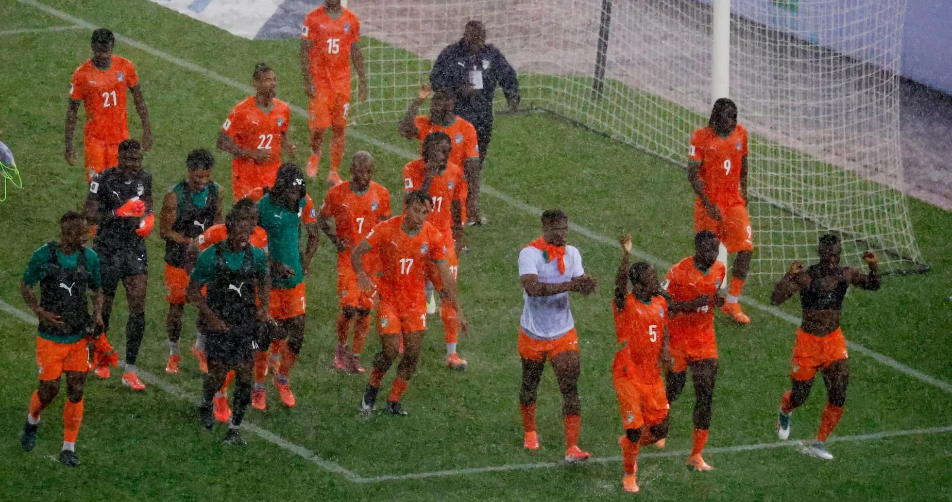 Joueurs de la Côte d'Ivoire célébrant sur le terrain Joueurs de la Côte d'Ivoire célébrant sur le terrain