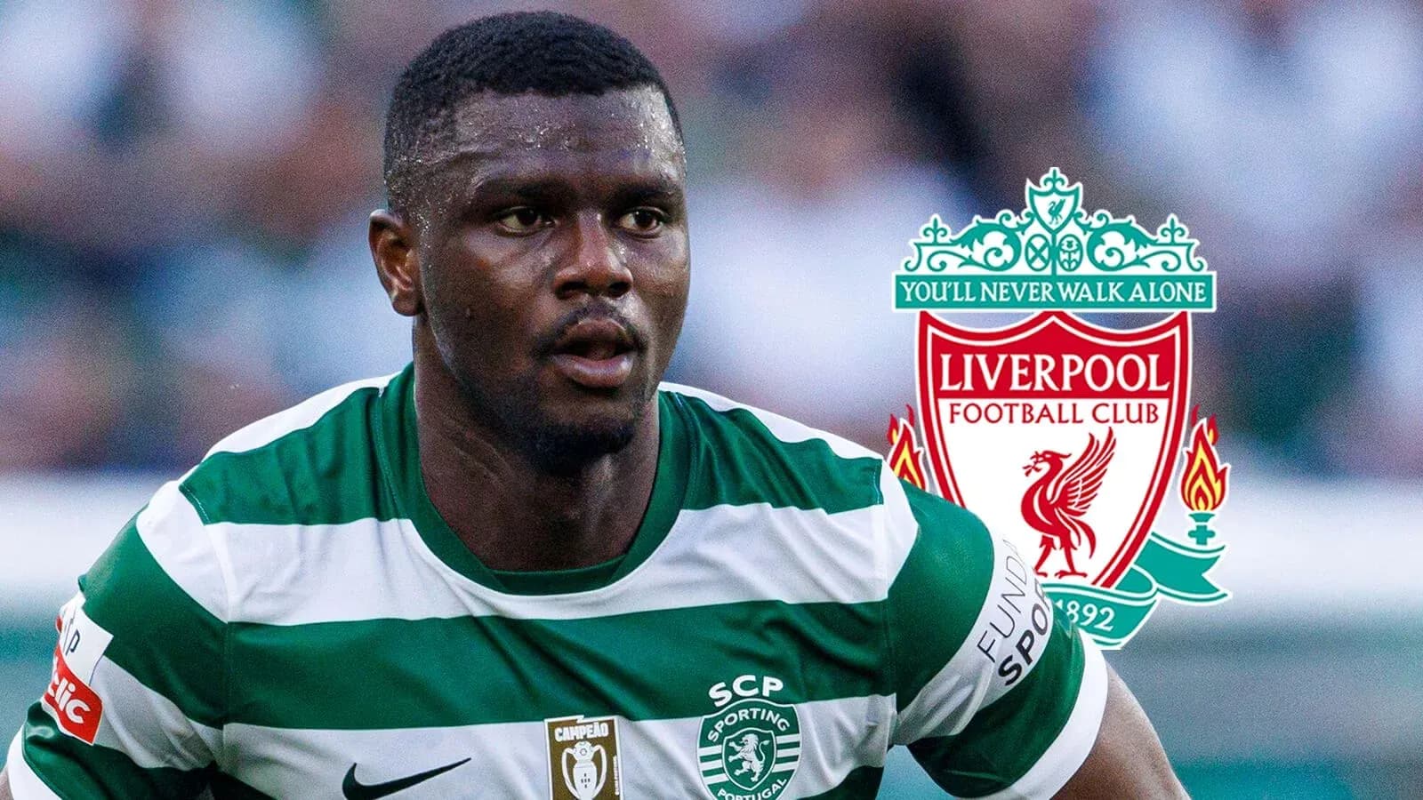Joueur en maillot du Sporting Portugal avec logo Liverpool Joueur en maillot du Sporting Portugal avec logo Liverpool