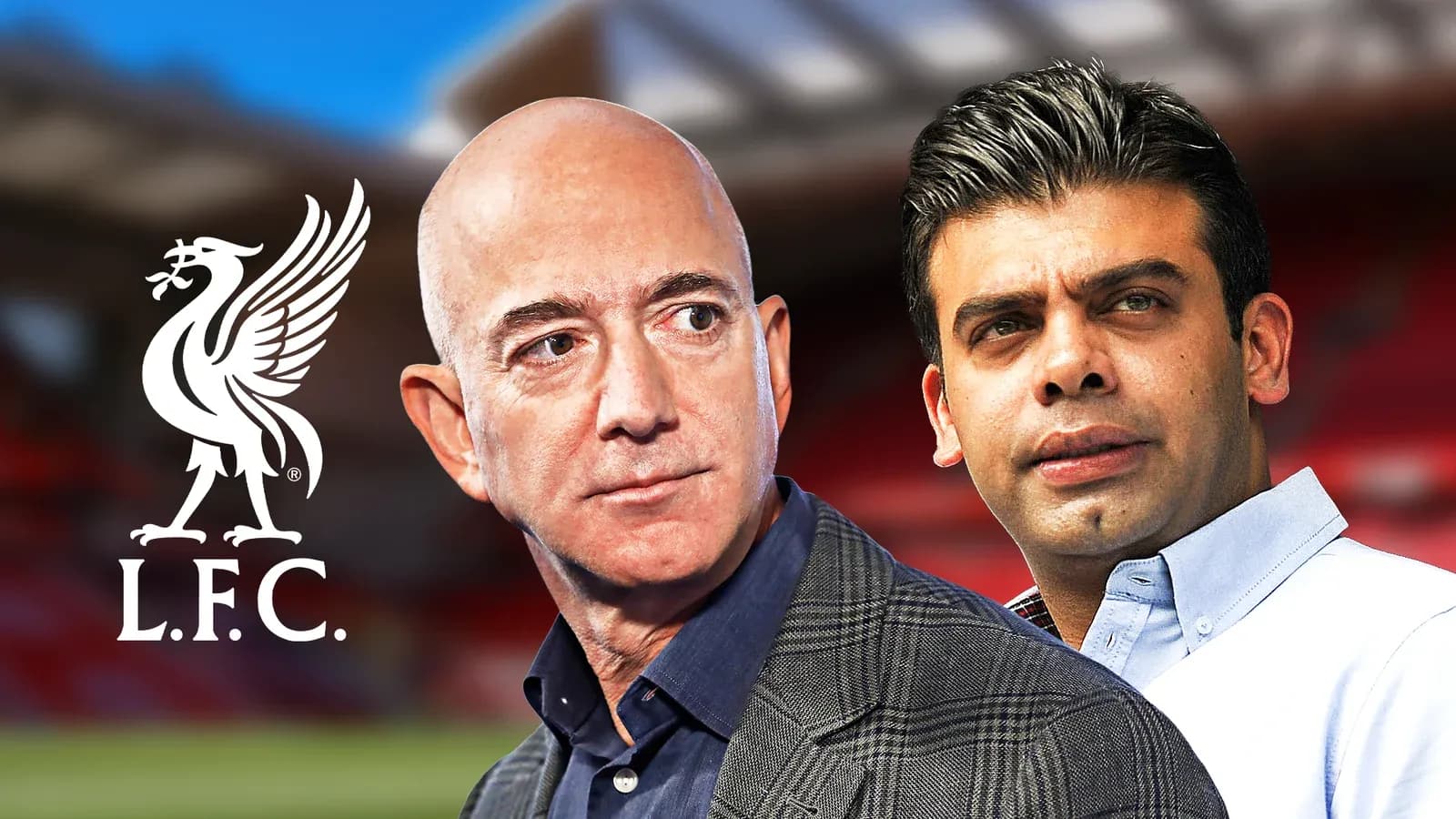 Deux hommes devant le logo de Liverpool F.C. Deux hommes devant le logo de Liverpool F.C.