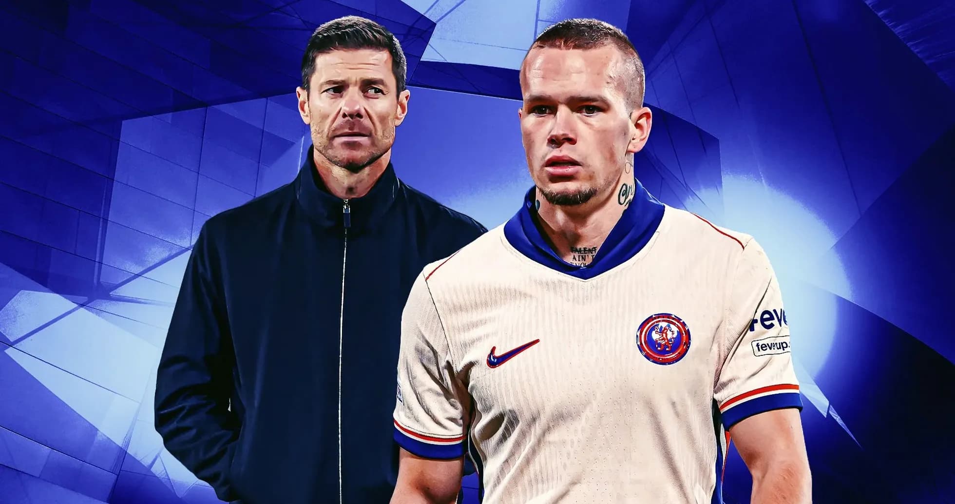 Entraîneur et joueur en tenue de match sur fond graphique Entraîneur et joueur en tenue de match sur fond graphique