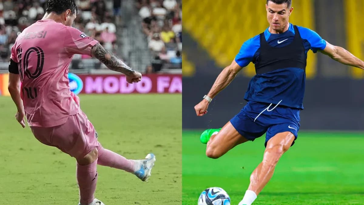 Lionel Messi kicking the ball; Cristiano Ronaldo training Lionel Messi kicking the ball; Cristiano Ronaldo training