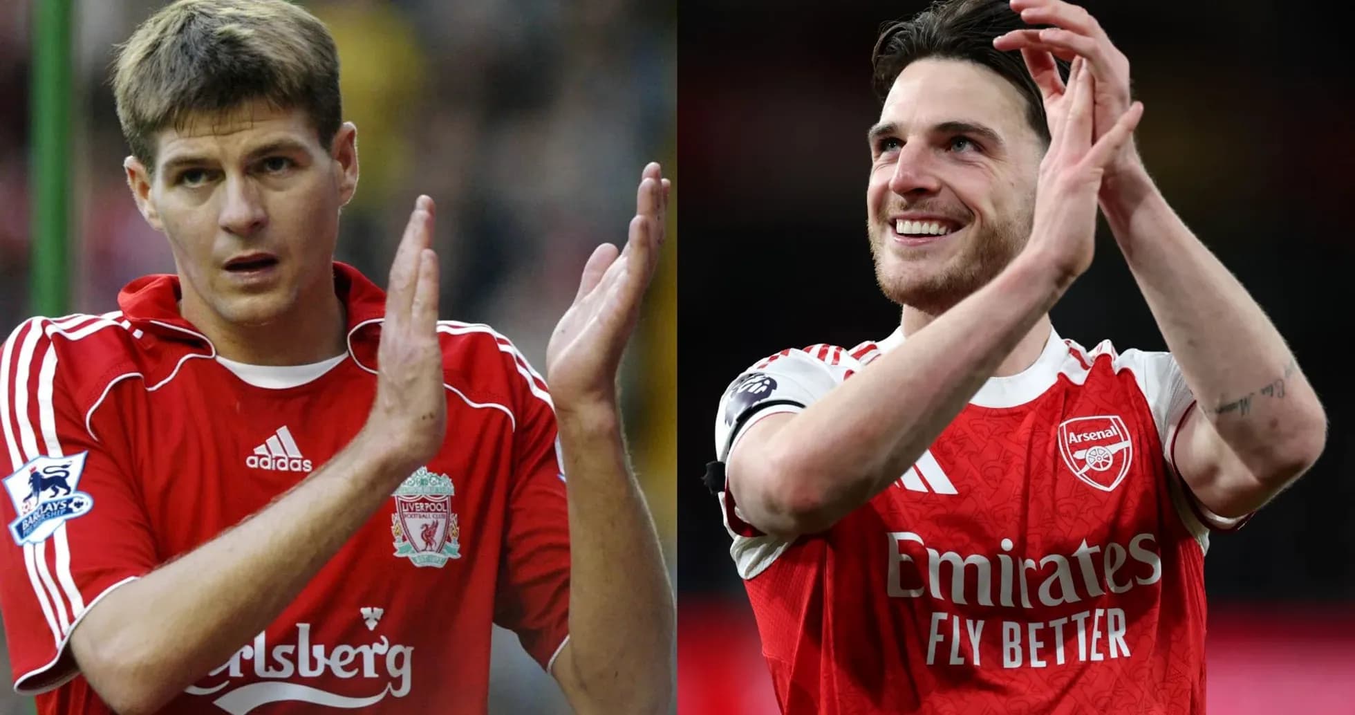 Deux joueurs applaudissant, l'un en maillot Liverpool, l'autre Arsenal Deux joueurs applaudissant, l'un en maillot Liverpool, l'autre Arsenal