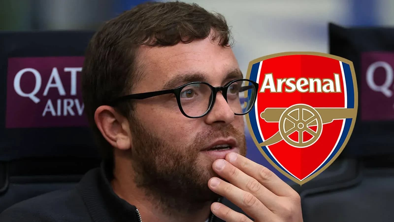 Person with glasses thinking, Arsenal logo in background Person with glasses thinking, Arsenal logo in background