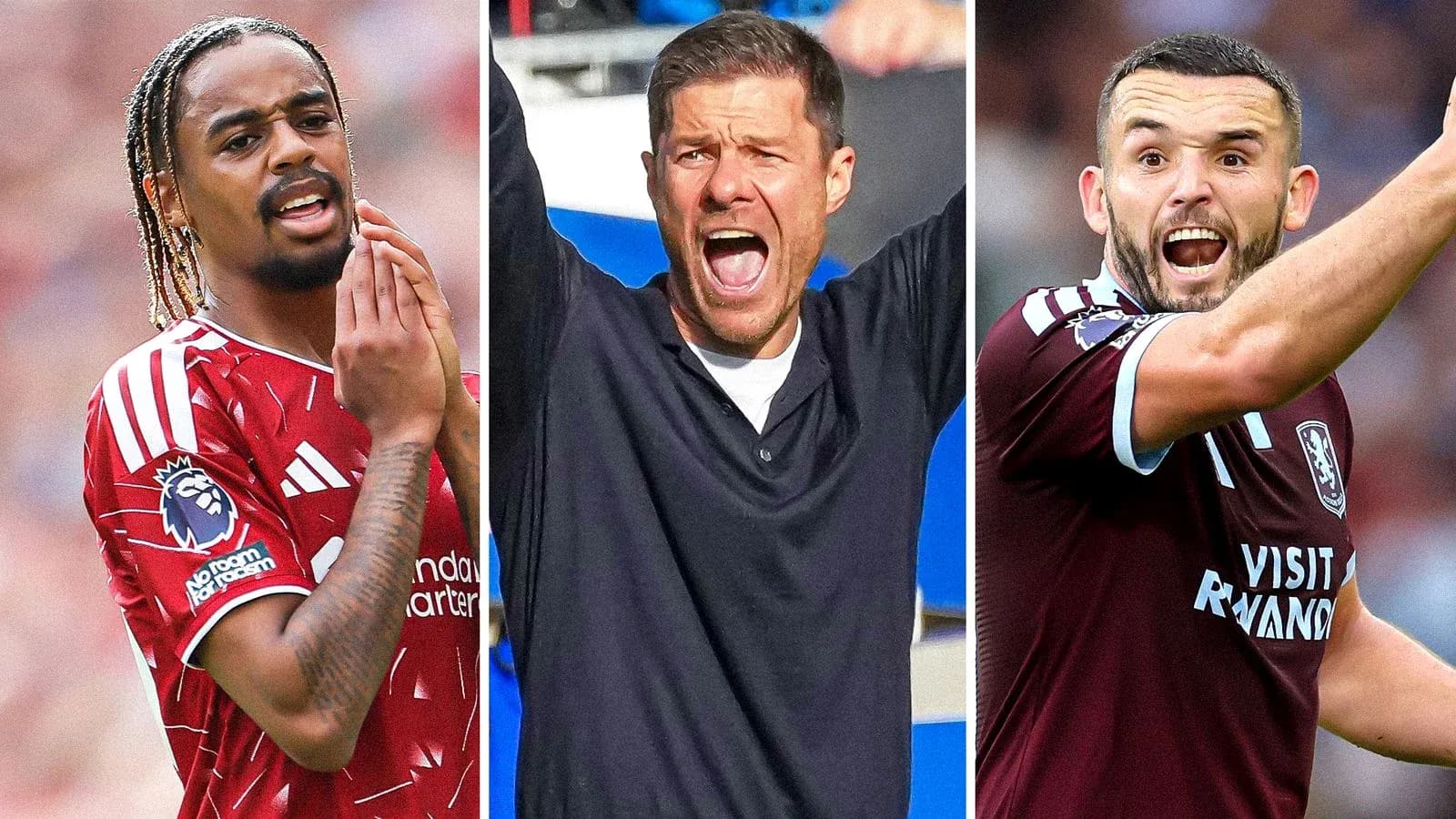 Trois joueurs et un entraîneur sur le terrain de football Trois joueurs et un entraîneur sur le terrain de football
