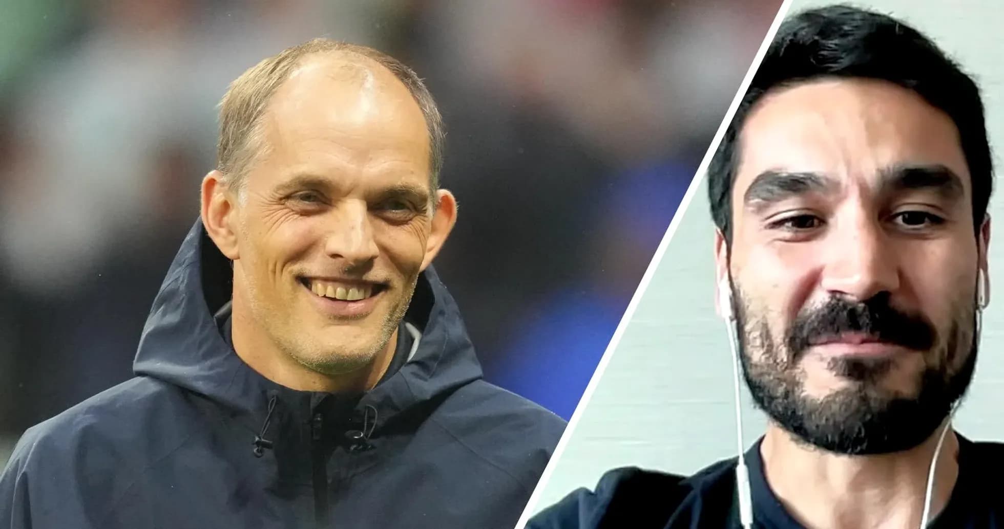 Thomas Tuchel and İlkay Gündoğan smiling in split image Thomas Tuchel and İlkay Gündoğan smiling in split image