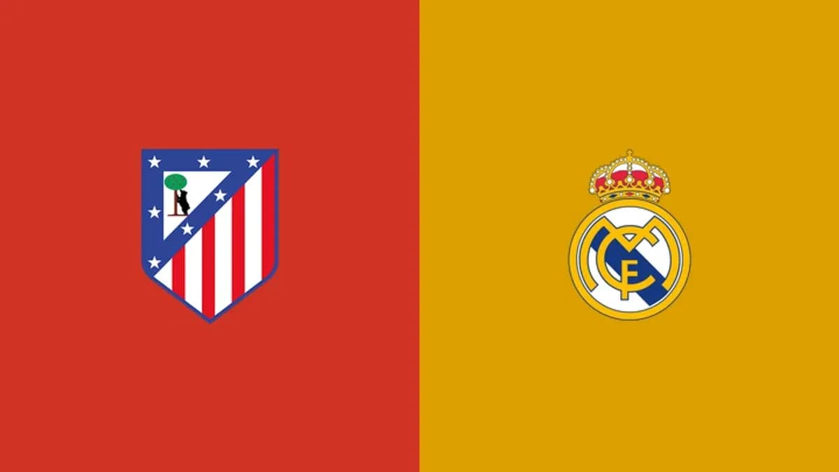 Logos d'Atlético Madrid et Real Madrid sur fond coloré Logos d'Atlético Madrid et Real Madrid sur fond coloré