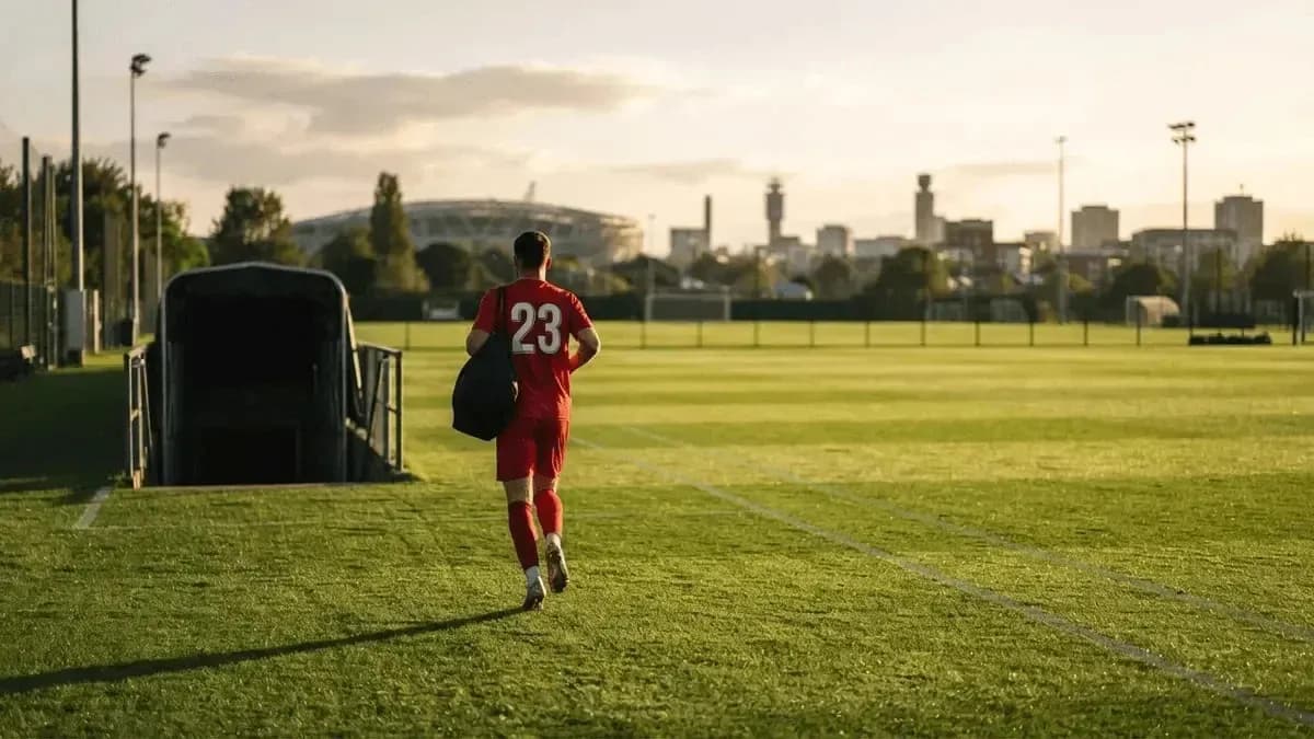 Joueur en tenue rouge entrant sur le terrain de football Joueur en tenue rouge entrant sur le terrain de football