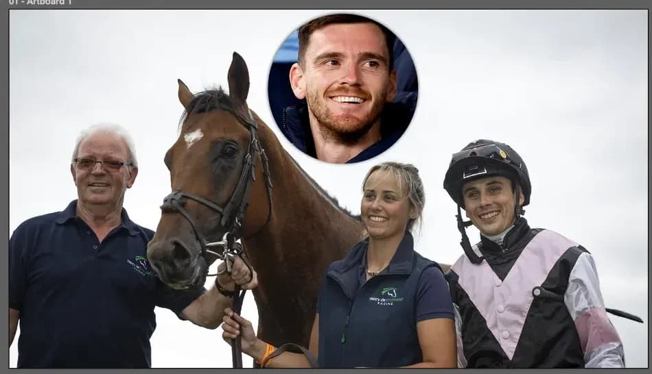 Groupe de personnes avec un cheval de course Groupe de personnes avec un cheval de course