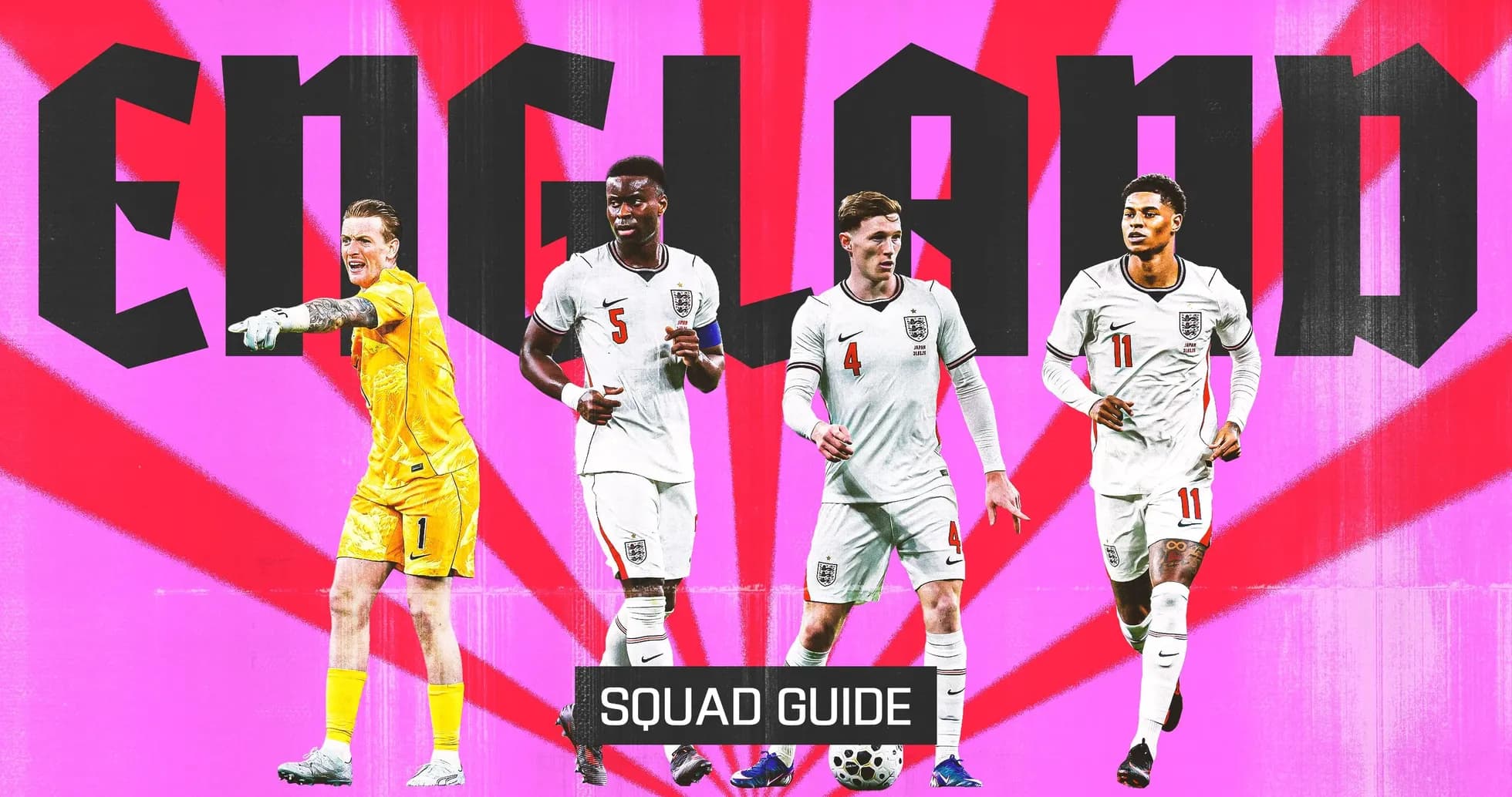 Quatre joueurs d'Angleterre avec le texte 'ENG' en arrière-plan Quatre joueurs d'Angleterre avec le texte 'ENG' en arrière-plan