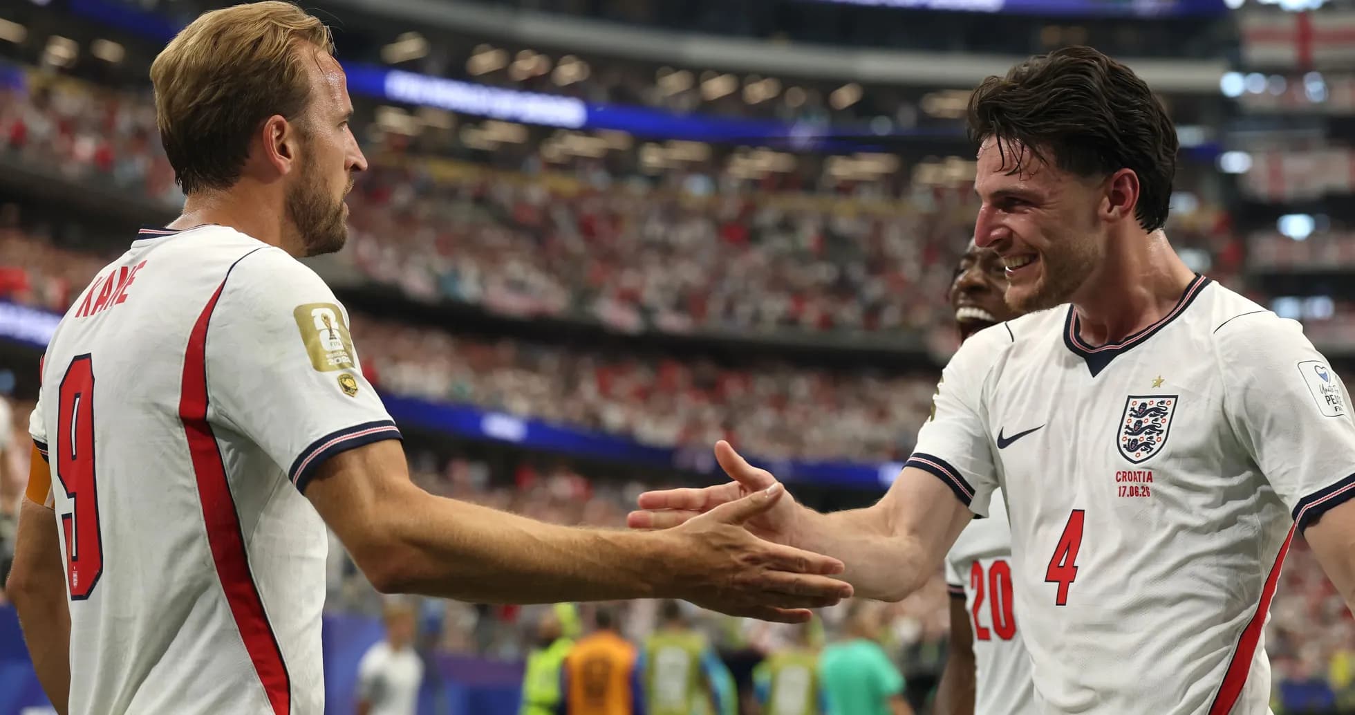 Harry Kane and Declan Rice celebrating a goal Harry Kane and Declan Rice celebrating a goal