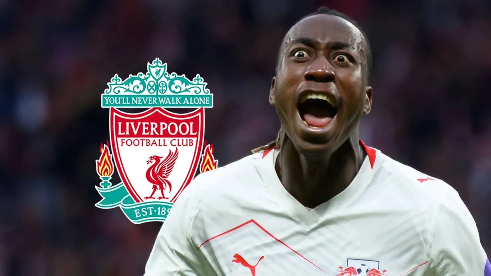 Joueur célébrant avec le logo de Liverpool en arrière-plan Joueur célébrant avec le logo de Liverpool en arrière-plan