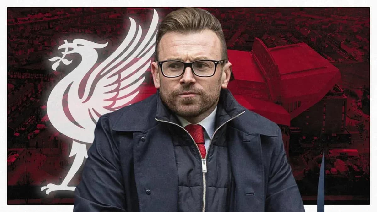 Person in front of Liverpool FC logo and stadium Person in front of Liverpool FC logo and stadium