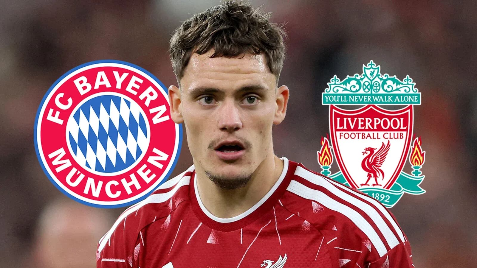 Joueur de Liverpool avec logos de Bayern et Liverpool Joueur de Liverpool avec logos de Bayern et Liverpool