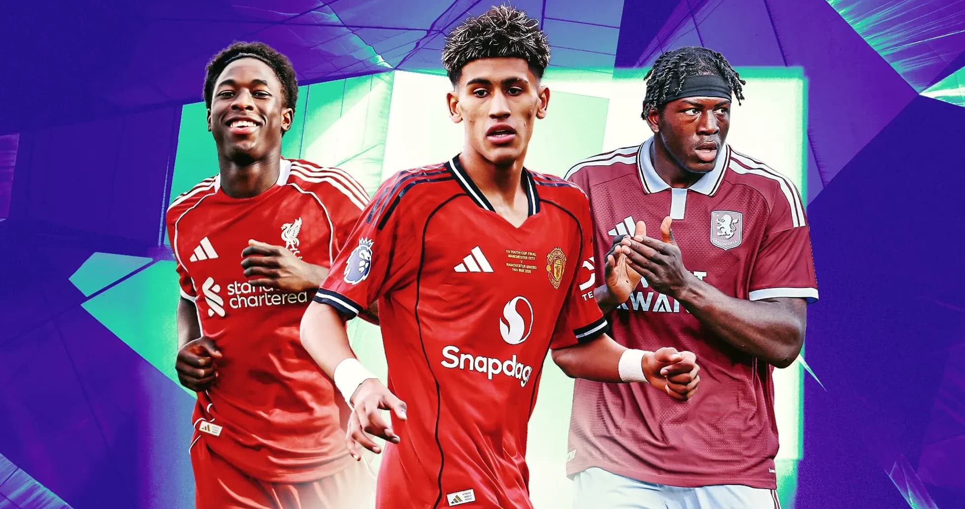 Trois joueurs en maillots de football sur fond coloré Trois joueurs en maillots de football sur fond coloré