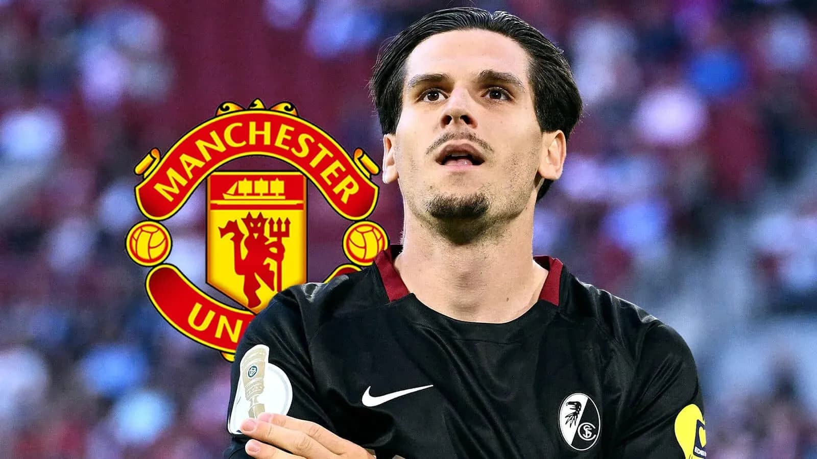 Joueur en tenue de football avec logo Manchester United Joueur en tenue de football avec logo Manchester United