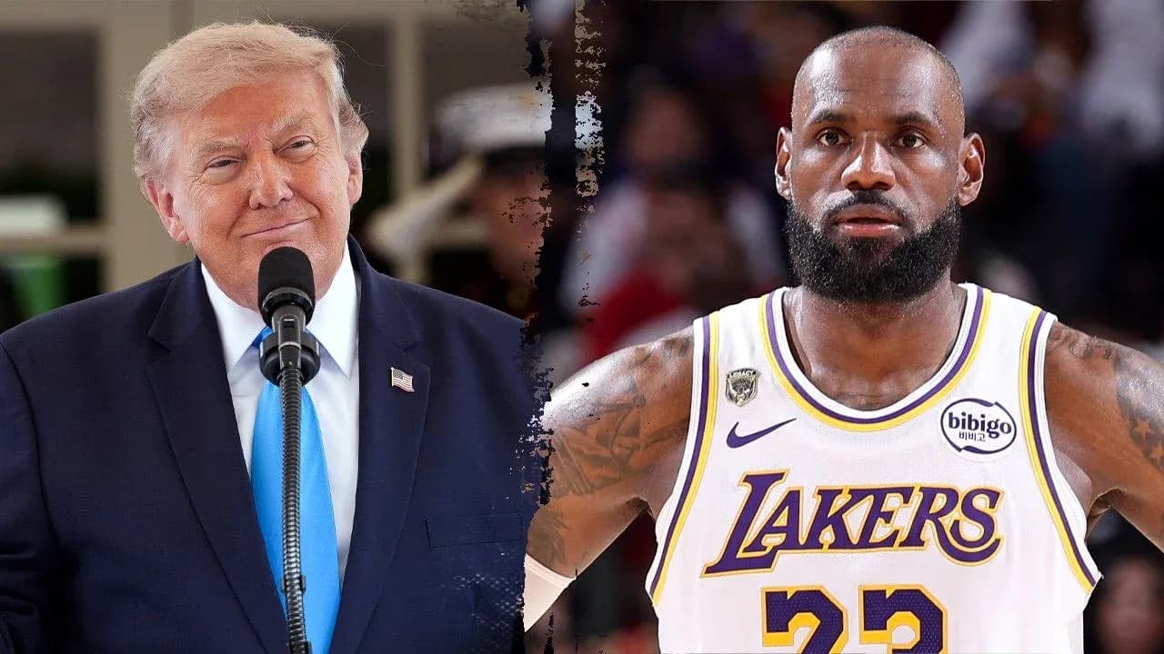 Donald Trump speaking and LeBron James in uniform Donald Trump speaking and LeBron James in uniform