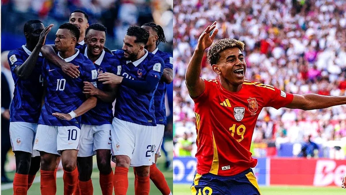 Joueurs de France et Espagne célébrant un but Joueurs de France et Espagne célébrant un but