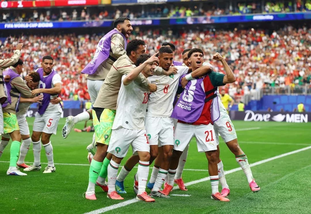 Célébration des joueurs marocains après un but Célébration des joueurs marocains après un but