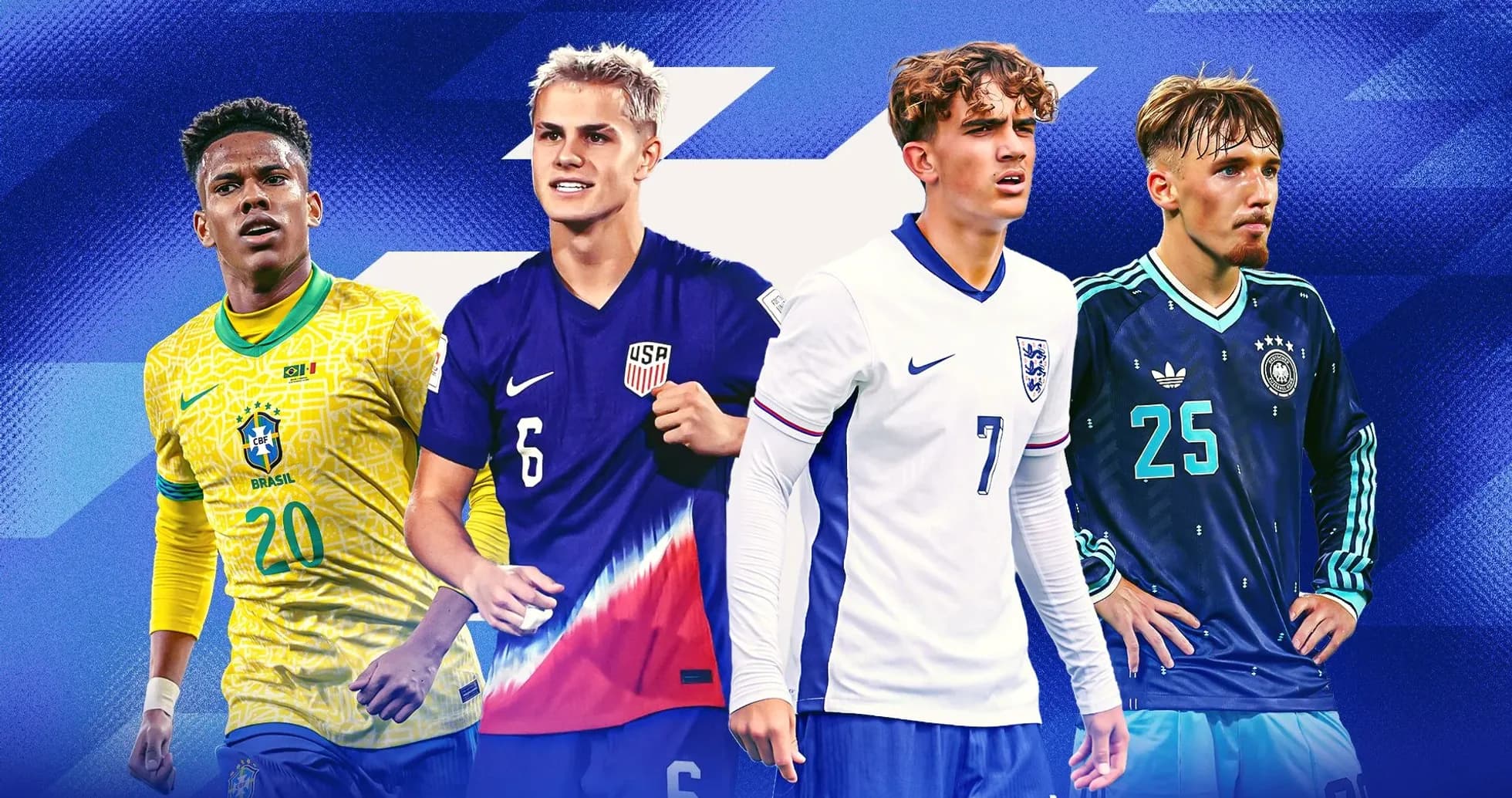 Quatre joueurs de football en maillots nationaux Quatre joueurs de football en maillots nationaux