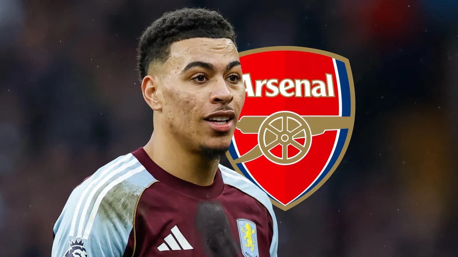 Joueur d'Aston Villa avec logo d'Arsenal en arrière-plan Joueur d'Aston Villa avec logo d'Arsenal en arrière-plan